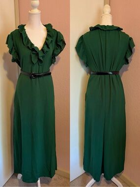 Ruffled V-Neck Maxi Dress with Pockets - in Forest Green (belt not included)